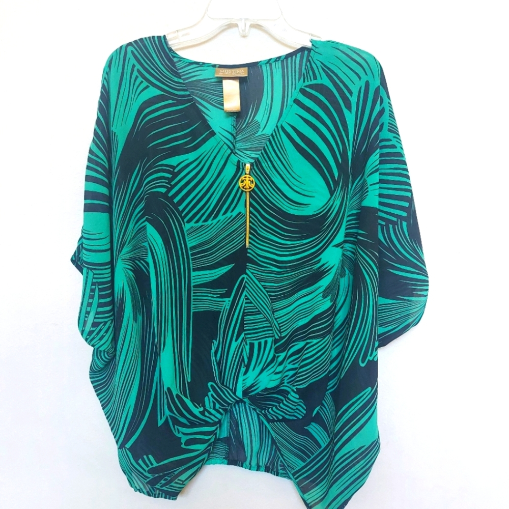 MISS TINA Green and Black Patterned Blouse Size Large